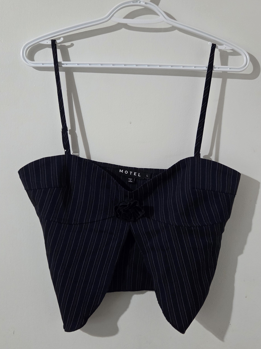 Motel Rocks Navy Pinstripe Tie-Front Crop Top NWOT
